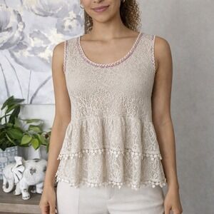 Free People Lace Tank Top XS Cream Crochet Tiered Peplum Boho Cottage Festival